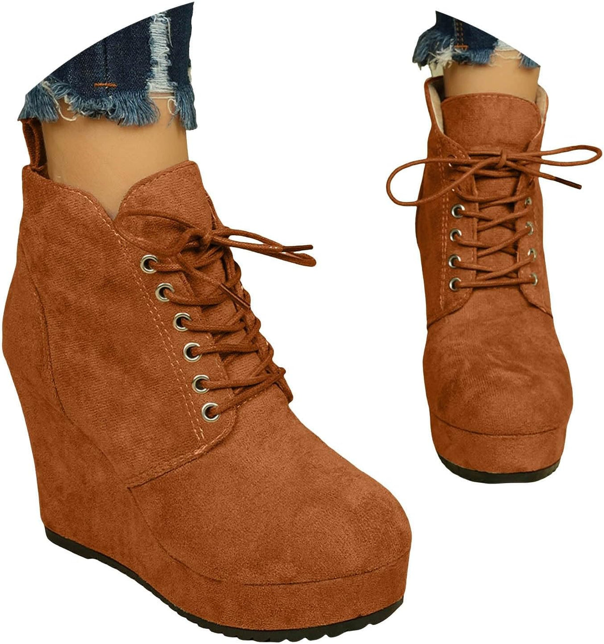 Women's Ankle Boots Wedge Platform Short Booties Round Toe Lace up Wedge Heels Warm Suede Boots for Party Evening Shoes Winter Flatform Chunky Wedges Comfortable Ankle Booties Shoes