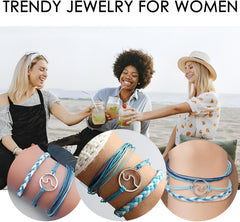 3Pcs Blue Braided Rope Bracelets Set String Wave Bracelet Summer Beach Jewelry for Women