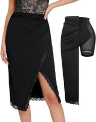 Popilush Midi Skirts for Women Lace Shapewear Split Satin High Waisted Bodycon Long Skirt Built-in Tummy Control