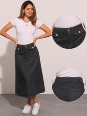 Allegra K Long Jean Skirts for Women's High Waisted Flap Pocket A-Line Vintage Denim Maxi Skirt