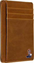 Slim Front Pocket Wallet, PU Leather, Khaki, Card Holder, RFID Blocking with Texas Souvenir Logo, Gift for Texans and their lovers (Texas Armadillo on Cardholder)