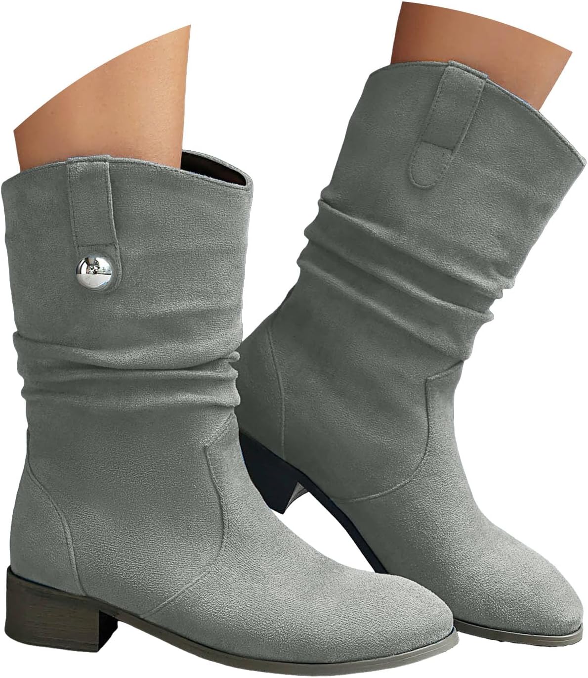 Crzidha Womens Western Suede Wide Width Boots Casual Round Toe Solid Color Pull on Shoes Fashion Slouchy Pleated Tall Shoes with Chunky Low Heel Fall Comfortable Lightweight Mid-Calf Short Booties