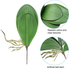Faux Orchid Leaves 4.4 Inch, 2 Pack Small Artificial Phalaenopsis Foliage Real Latex Touch Green Plant 5 Leaves with Stems for Home Flowers Pot Decor, Green