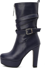 Fashion Block High Heels Mid Calf Boots Platform for Women