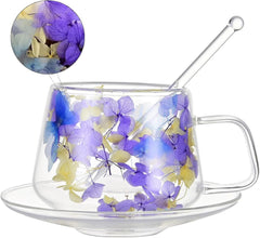 250 ml Glass Coffee Cup with Saucers and Spoons Double Wall Insulated Glass Coffee Mug Flower Tea Cups with Handle for Cappuccino Latte Tea Hot Beverages (Yellow purple)
