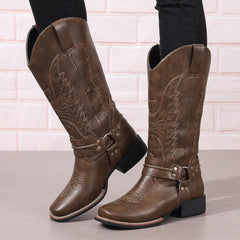 HINDOLA Mid Calf Cowboy Boots for Women Wide Calf Western Cowgirl Boot Square Toe Chunky Block Heel Classic Fashion Boots