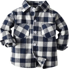 Boys Girls Button Down Shirt Long Sleeve Plaid Flannel Shirts Lapel Neck Casual Tops with Pocket Toddler Kids Outfit