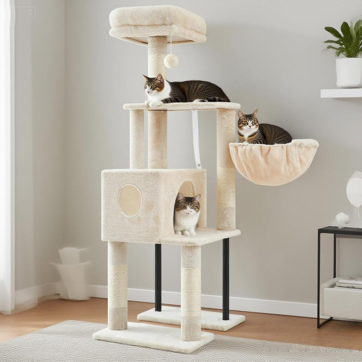 Heybly Cat Tree, 49.2 Inches Cat Tower for Indoor Cats, Spacious Cat House Condo with Hidden Space，Sturdy Steel Tube，Soft Plush Top Perch，Cozy Hammock and Sisal Scratching Posts, Light Gray HCT200SW