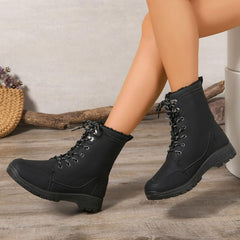 Womens Winter Snow Boots Women's High Top Plus Velvet Warm Lace Up Platform Lug Sole Booties Fashion Outdoor Casual Non-Slip Mid Calf Boots Comfortable Pull On Booties Walking Shoes