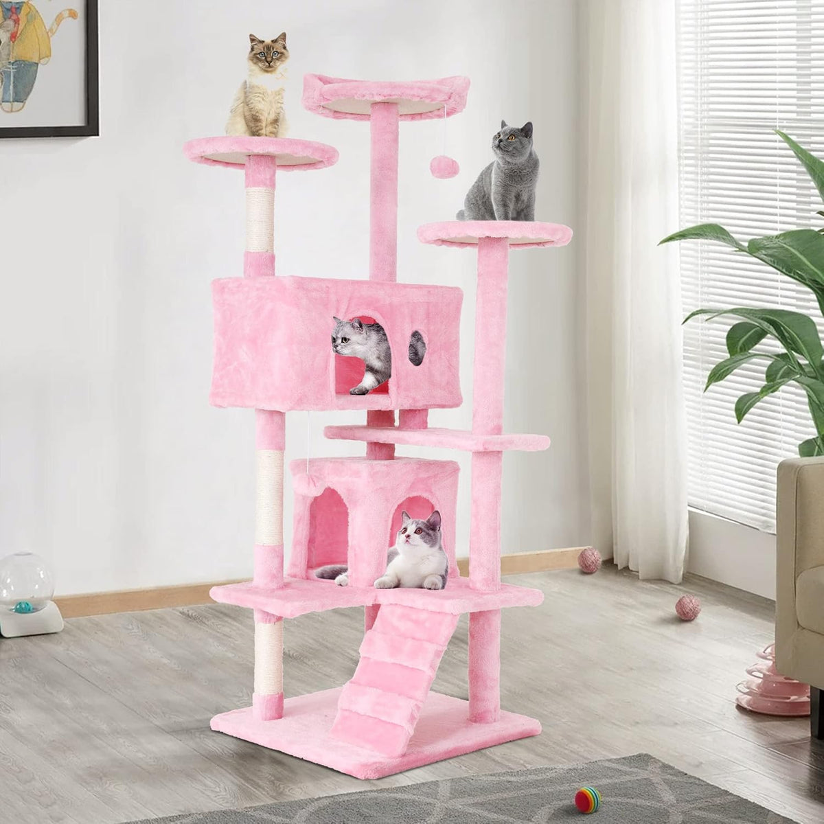 Heavy Duty Cat Tree with 70-Inch Tall Tower, 3 Perches & 2 Cozy Condos, Sisal Pole & Ladders for Large Cats, Beige