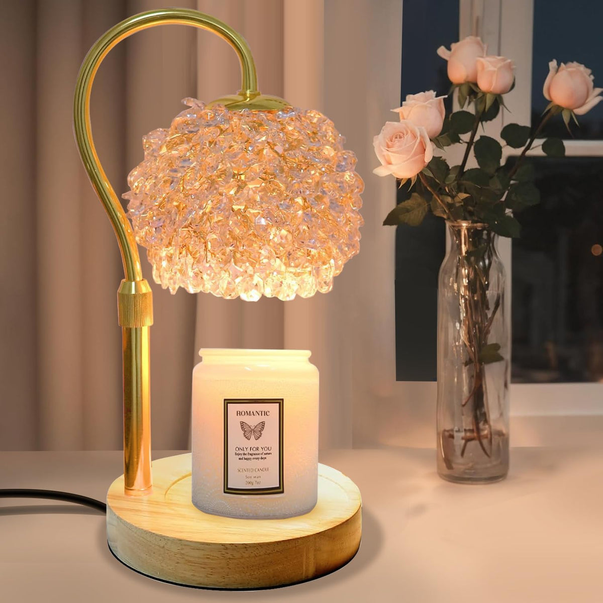 Candle Warmer Lamp with Timer, Dimmer Candle Lamp Warmer Adjustable Height, 312 K9 Crystals Lampshade Electric Wax Melt Warmer with 2 Bulbs, Wax Warmer for Scented Jar Candles (Gold)
