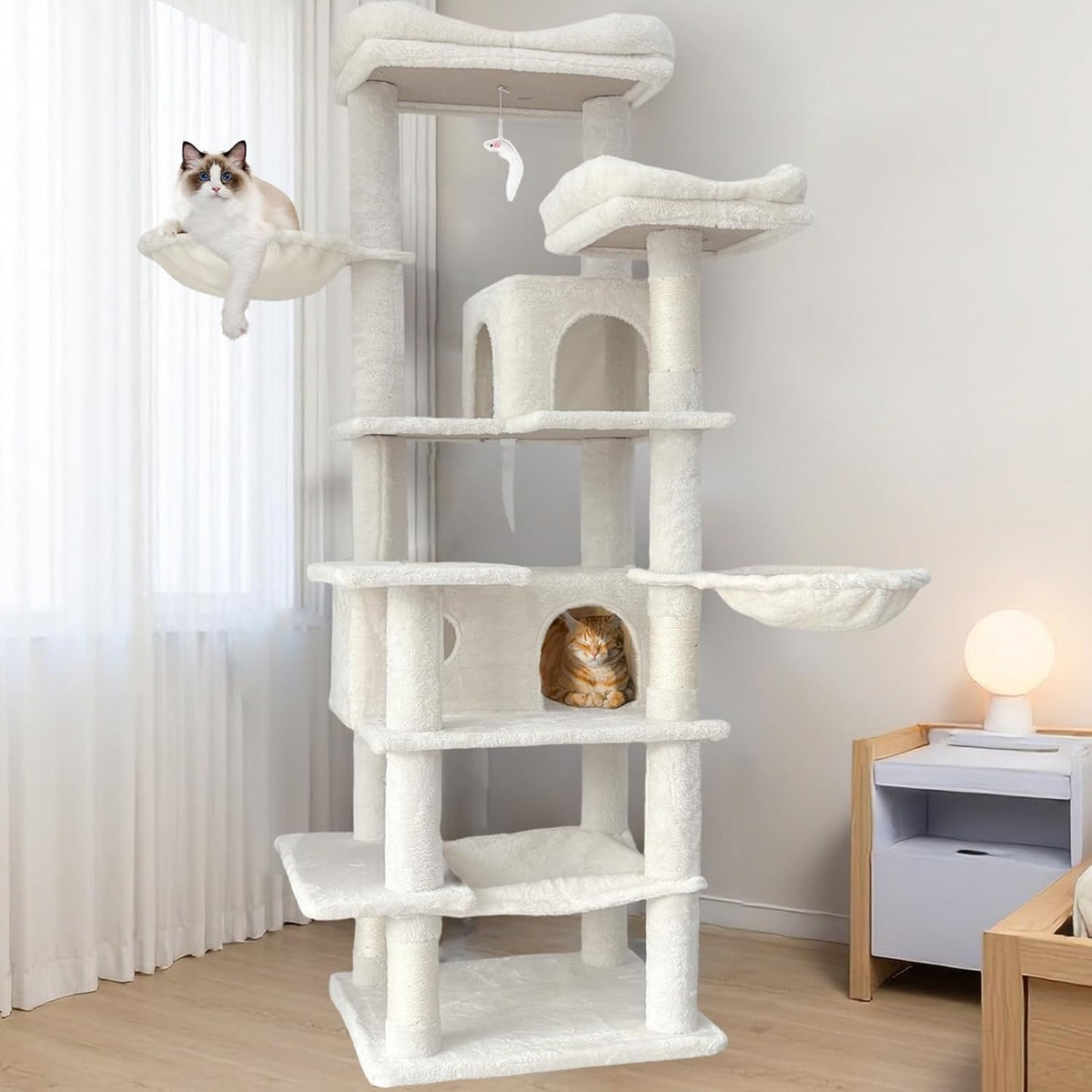Anwick 68" Tall Cat Tree Tower with Scratching Posts, Cat House with Hammocks, Cat Condos for Indoor Cats, Removable Cushions, Multi-Level Cat Playground (Beige)
