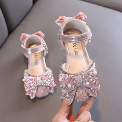 Generic Spring Autumn New Children Girls Flat Pearl Crystal Shoes Bow Princess Shoes PU Leather Solid Toddler 7 Shoes Girls