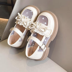 Girls Wedding Shoes Mesh Hollow Leather Bow Lace Sneakers Elegant Non Slip Ankle Strap Birthday Shoes for Kids