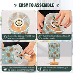 Cartoon Daisies Capybara Bedside Table Lamp Small Desk Lamps Linen Fabric Shade Decorative Nightstand Lamp LED with USB Port Wood Base for Bedroom Living Room