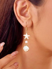 1 Pair Star Shell Stud Earrings, Nautical Theme Gold Tone Earrings, Small Minimalist Studs for Daily Wear, Hypoallergenic Ear Jewelry (Gold&White)
