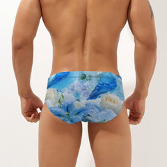 Blue Bird Flower Men's Swimsuit Brief Beach Shorts Bikini Swimwear Sexy Swimming Trunks
