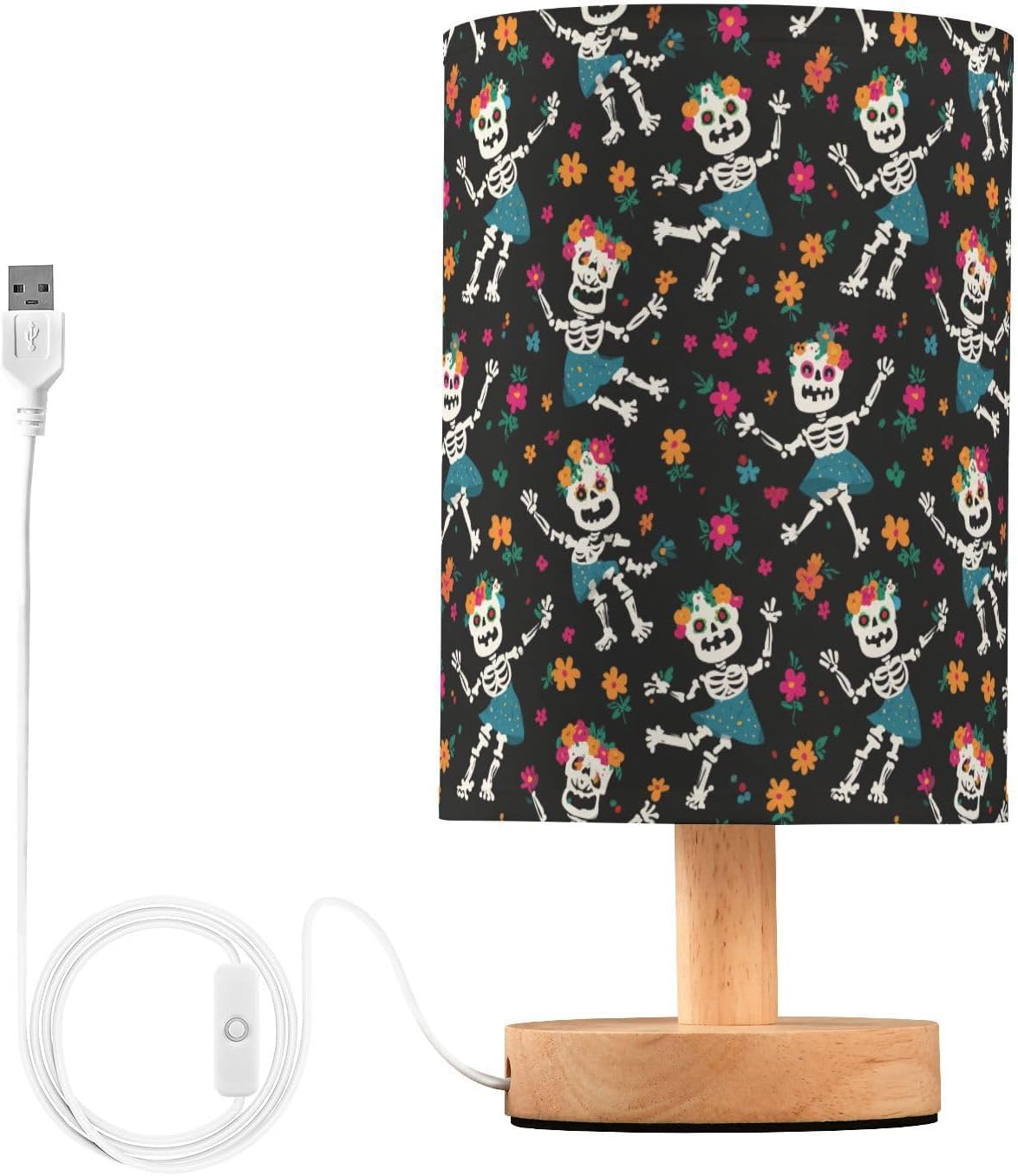Funny Skeletons Flowers Bedside Table Lamp Small Desk Lamps Linen Fabric Shade Decorative Nightstand Lamp LED with USB Port Wood Base for Bedroom Living Room