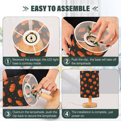Glow Pumpkins Stars Bedside Table Lamp Small Desk Lamps Linen Fabric Shade Decorative Nightstand Lamp LED with USB Port Wood Base for Bedroom Living Room