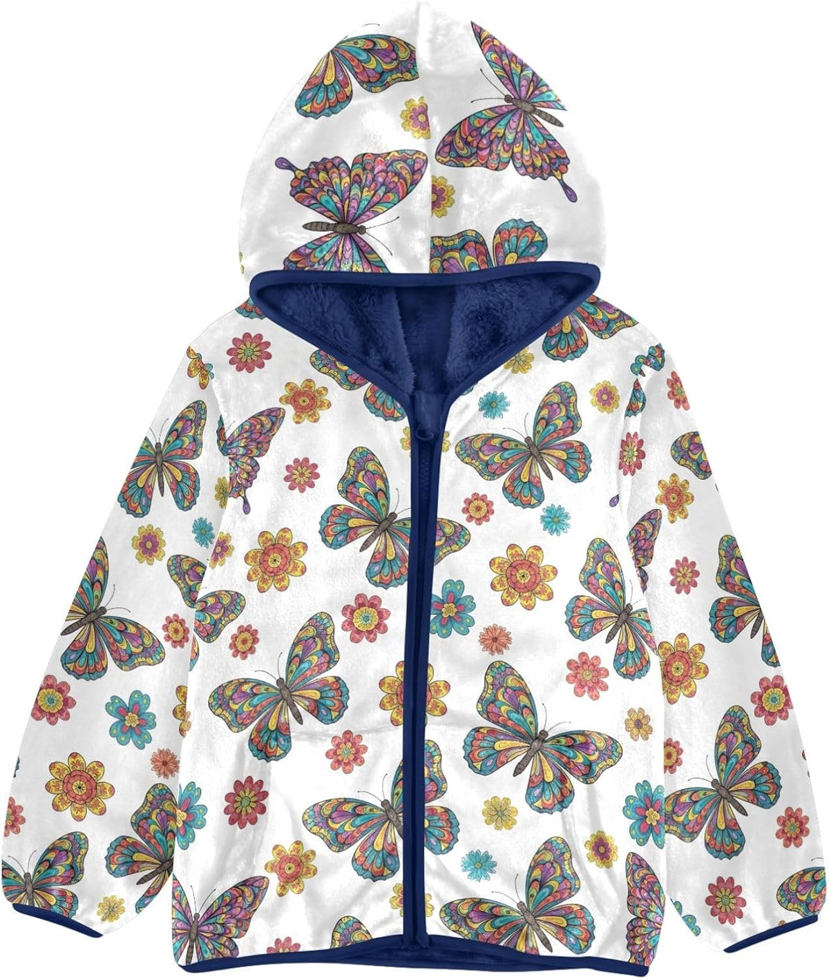 CHIFIGNO Colorful Butterfly White Kids Fleece Zip up Jacket, Warm Light Fleece Jacket 3T
