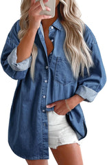 Astylish Women Denim Shirts Button Down Blouse V Neck Casual Tops