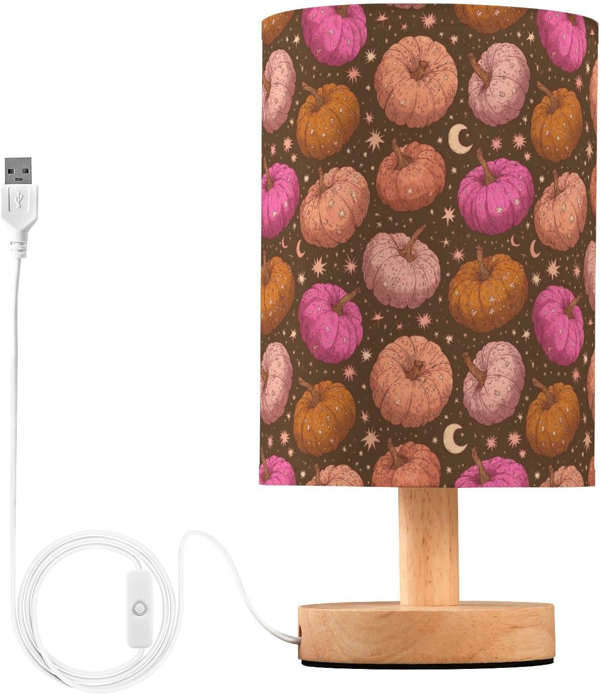 Glitter Pumpkins Star Bedside Table Lamp Small Desk Lamps Linen Fabric Shade Decorative Nightstand Lamp LED with USB Port Wood Base for Bedroom Living Room