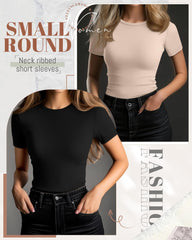 Ficerd 3 Pack Women's Ribbed T-Shirts, Cotton Short Sleeve Basic Tees Crewneck Fitted Tops Casual Shirts 2025 Summer Trendy