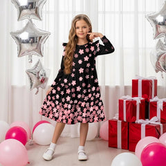 Girl's Long Sleeve Dress with Ruffle Sleeves Cute A-Line Midi Casual Sundress for Spring, Summer and Fall