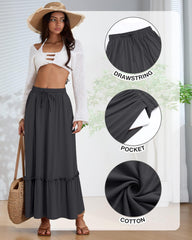 Ficerd 3 Pack Women's Boho Maxi Skirts, Long Tiered Skirt Flowy Ruffle High Waist Drawsting Casual Dress with Pockets