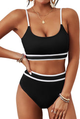 BMJL Women's High Waisted Bikini Ribbed Two Piece Swimsuit High Cut Color Block Adjustable Straps Bathing Suit