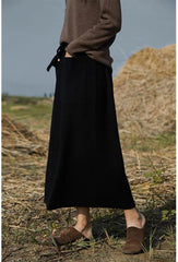 Women's Maxi Wool Skirt with Pockets Elastic High Waist Drawstrings Autumn Winter Pleated Midi Skirt