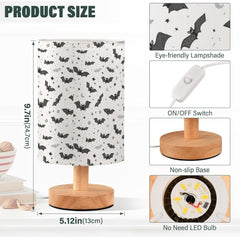 Halloween Bats Moon Bedside Table Lamp Small Desk Lamps Linen Fabric Shade Decorative Nightstand Lamp LED with USB Port Wood Base for Bedroom Living Room
