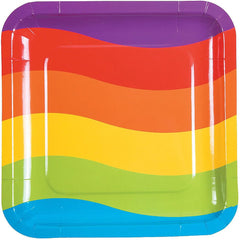 Fun Express Rainbow Party Color Stripes Square Paper Dinner Plates for Birthday - Party Supplies - Print Tableware - Print Plates & Bowls - Birthday - 8 Pieces
