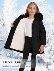 Happy Cherry Girls Winter Warm Thicken Jacket with Fleece Line Long Sleeve Coat Mid-Length Hooded Parka Jackets 3-11Y