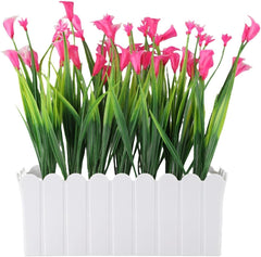 Artificial Plants with Pots Fake Flowers Home Garden Indoor Outdoor Potted Lily Bonsai Fabric Plastic 7.5x3.1x5.9 Inch Tabletop Windowsill Office Desk Decoration(Pink)