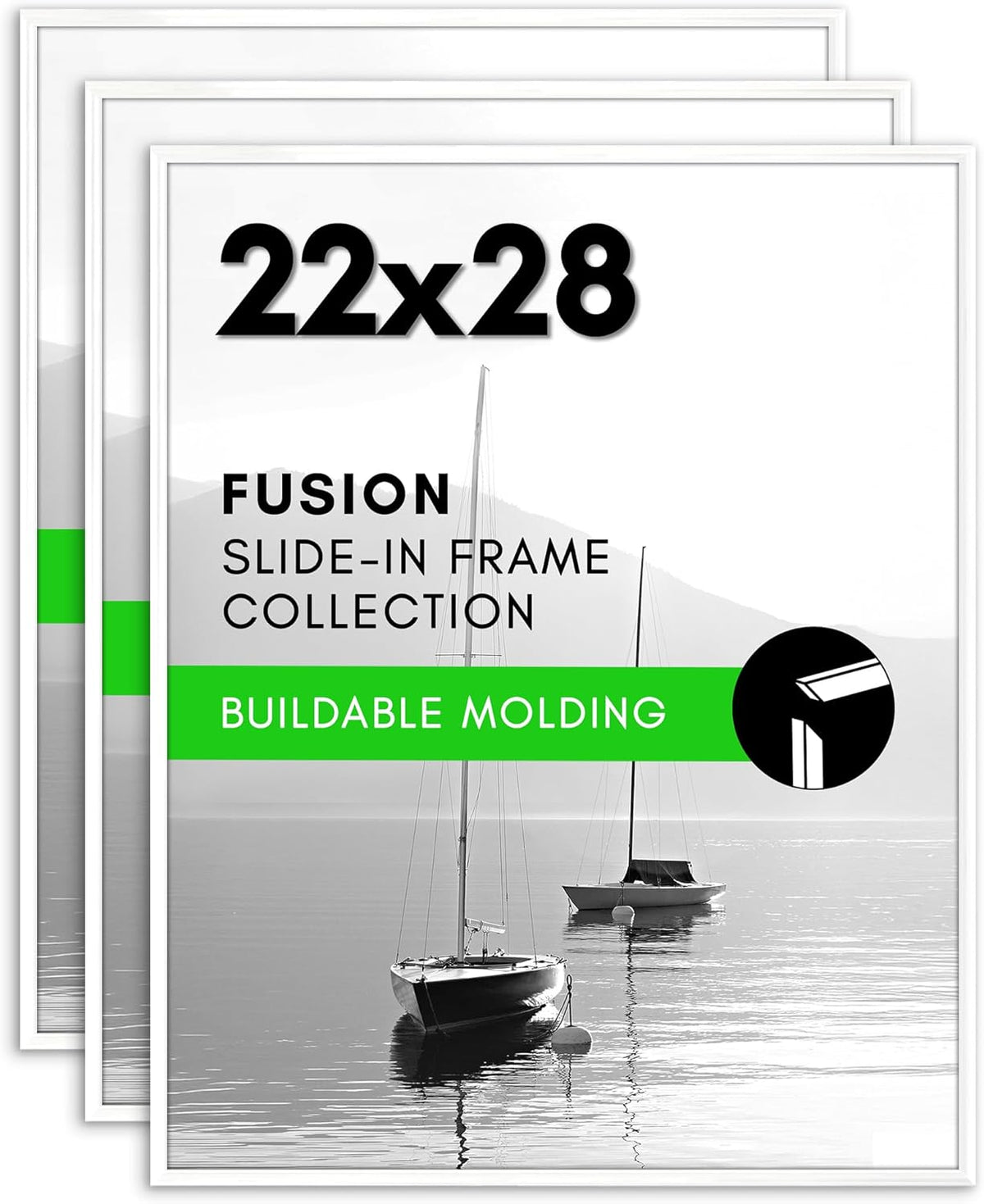 Americanflat 11x14 Picture Frame with Polished Front Cover - Set of 3 - Slide-In Photo Frame with Buildable Molding - Fusion Collection - Picture Frames for Wall Display - Black