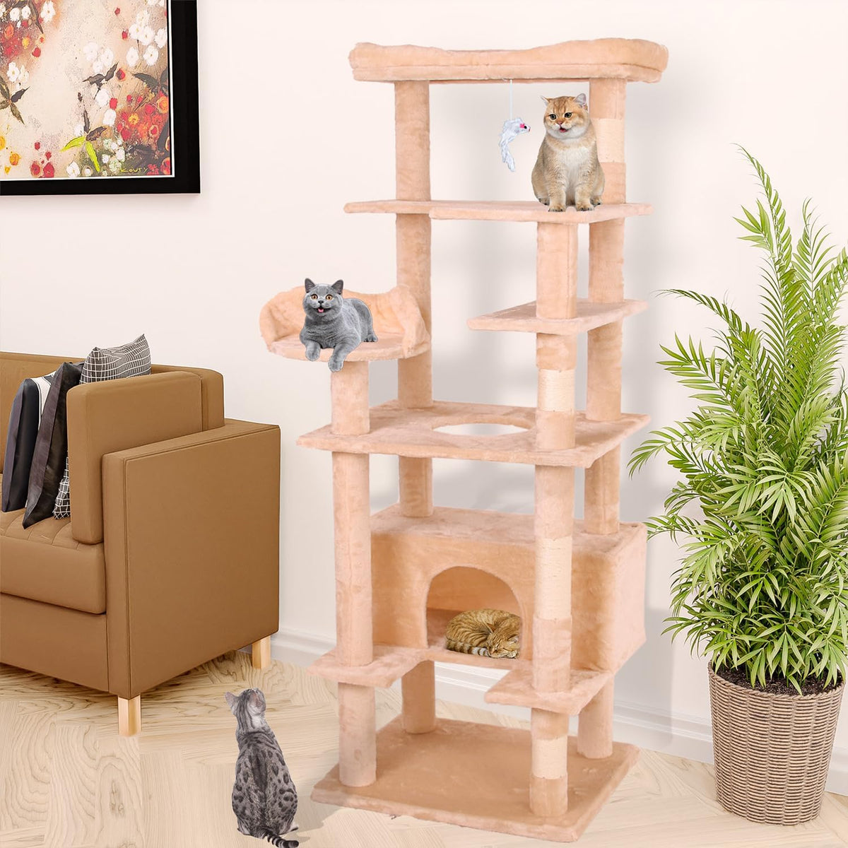 4-Level Cat Condo Tree, Extra Large 63" Cat Tower with Hammock & Scratching Posts, Stable Pet Furniture for Multi-Cat Furniture (Cream White, 63.00'')
