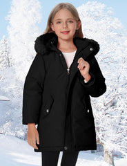 Happy Cherry Girls Winter Warm Thicken Jacket with Fleece Line Long Sleeve Coat Mid-Length Hooded Parka Jackets 3-11Y