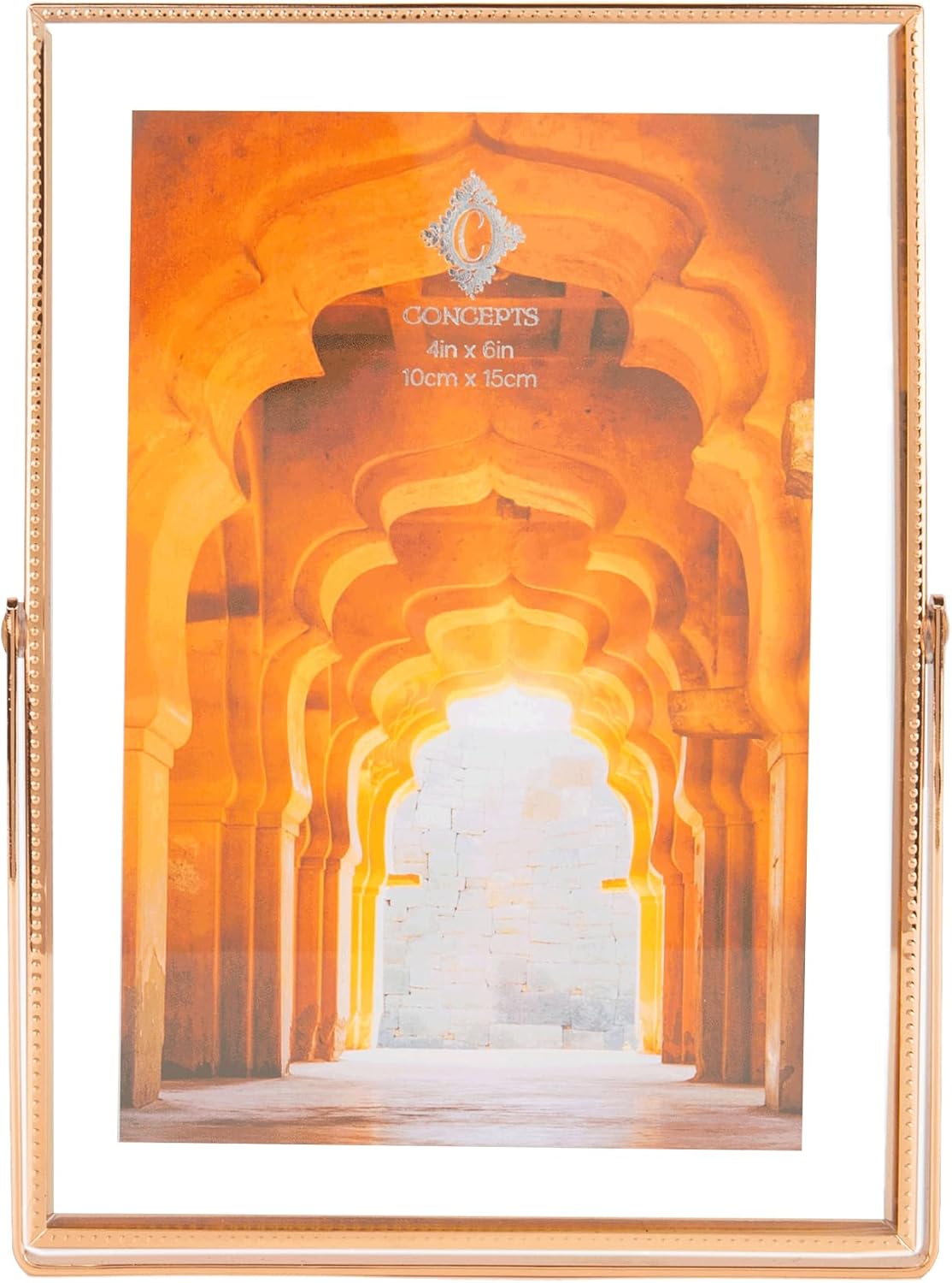 Concepts Gold Beaded Floating Easel Metal Picture Frame With HD Clear Glass, Extra Durable Photo Frames, Tabletop Display (1 Pack - Gold, 4X6)