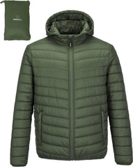 Outdoor Ventures Men's Lightweight Packable Hooded Puffer Jacket Insulated Winter Coat for Snow Ski Traveling