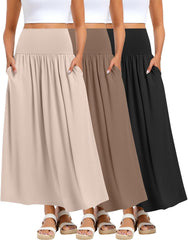 Ficerd 3 Pack Maxi Long Skirts for Women, Ankle Length High Waisted Pleated Flowy A Line Summer Casual Skirts with Pockets
