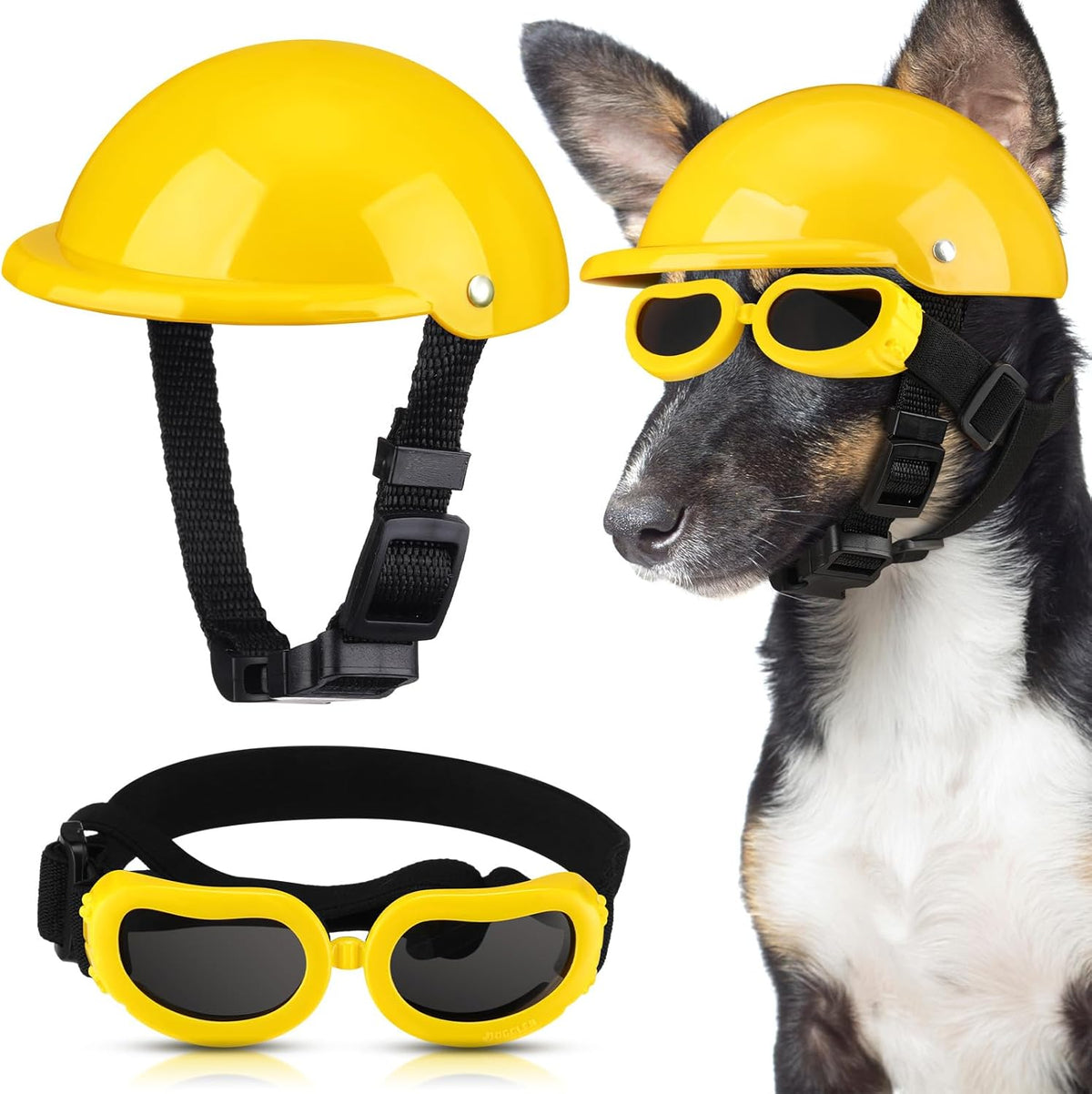 Frienda Dog Helmet and Goggles, UV Protection Doggy Sunglasses and 4 Inch Padded Puppy Motorcycle Helmet Adorable Dog Goggles with Adjustable Belt for Small Dogs Puppy Riding(Yellow,M)