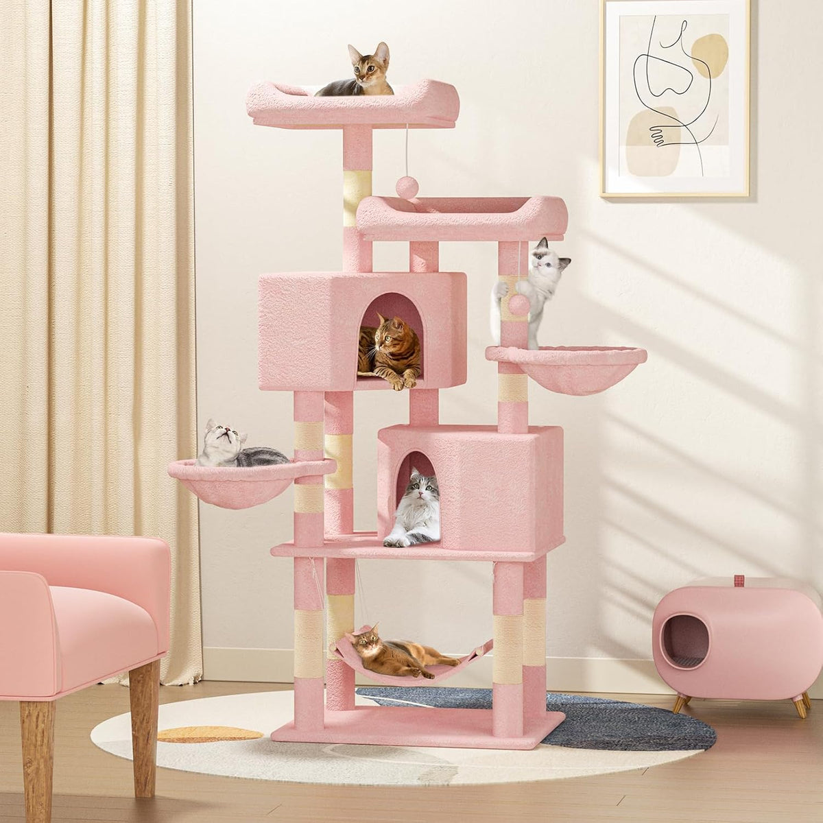 Cat Tree Tower with 2 Cat Condo, Cat Tower with Scratching Post & Sisal-Covered Scratching Board Ladder, Cat Climbing Tower, Cat Tree for Indoor Cats 34 Inch, Soft Pink