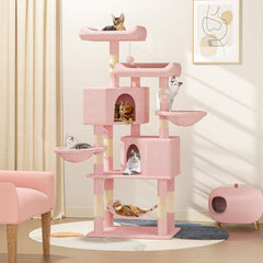 Cat Tree Tower with 2 Cat Condo, Cat Tower with Scratching Post & Sisal-Covered Scratching Board Ladder, Cat Climbing Tower, Cat Tree for Indoor Cats 34 Inch, Soft Pink