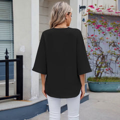 Elegant ‌Women's 3/4 Sleeved Top‌ Embroidered Lace V-Neck‌ Blouse‌ Ideal for Office & Casual Shirt Wear