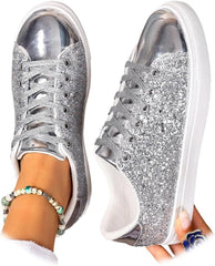 Glitter Sparkly Fashion Sneakers Shoes, Womens Non Slip Orthopedic Sneakers Lace Up Comfortable Walking Shoes Dressy Wedding Bridal Walking Concert Fall