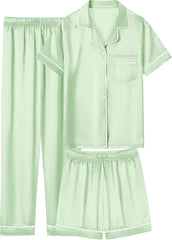 Boys Girls Pajamas 3 Piece Silky Satin Pajama Set Button Down Soft Sleepwear Loungwear, 4-14 Years