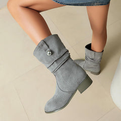 Crzidha Womens Western Suede Wide Width Boots Casual Round Toe Solid Color Pull on Shoes Fashion Slouchy Pleated Tall Shoes with Chunky Low Heel Fall Comfortable Lightweight Mid-Calf Short Booties