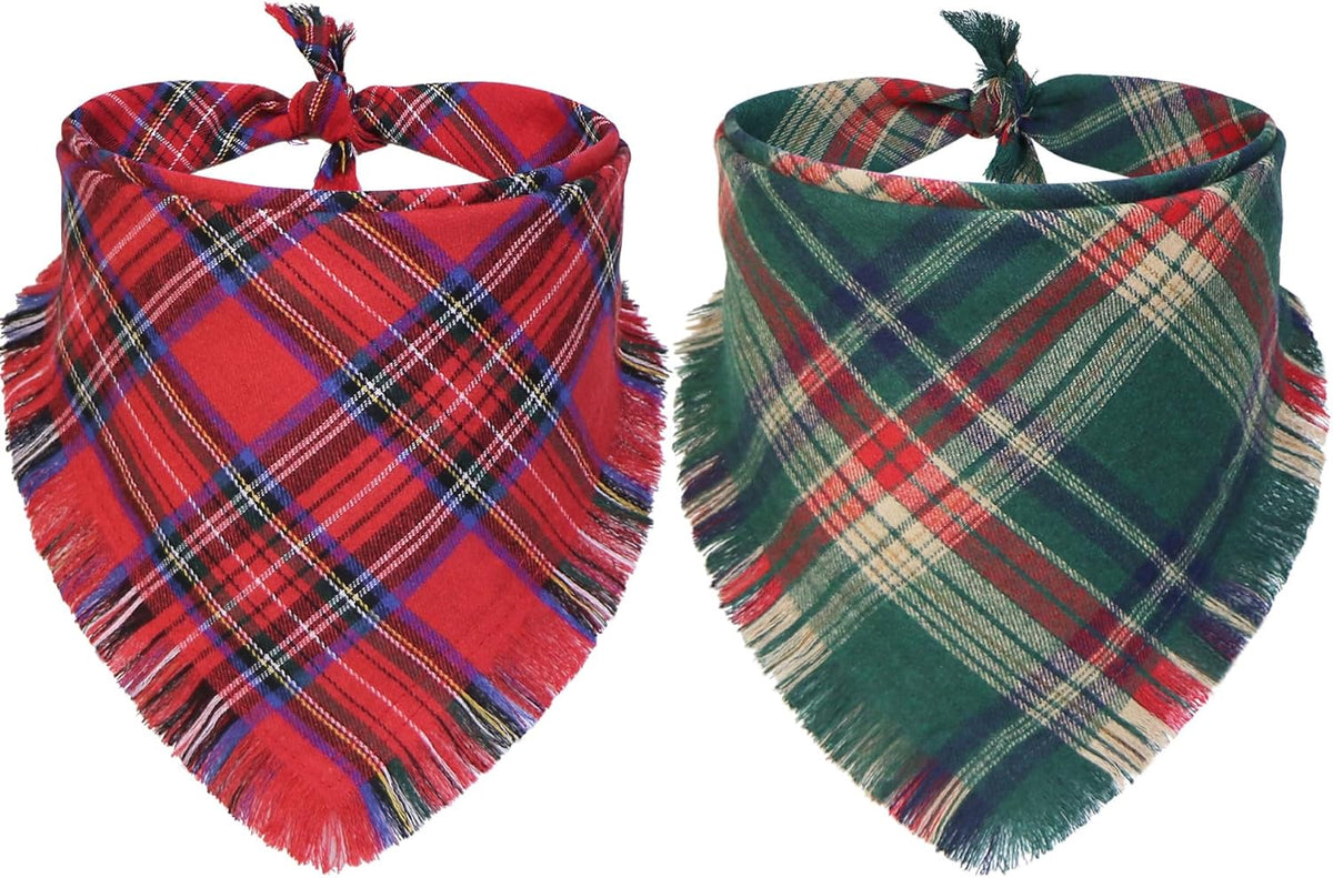 2 Pack Christmas Dog Bandanas with Tassels Edges, Multi Sizes Plaid Dog Christmas Bandana Scarf for Medium Large Dogs (Large)