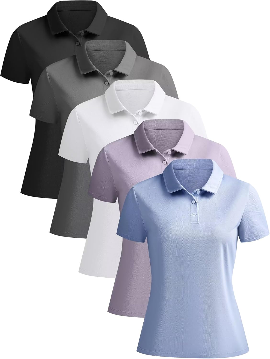 5 Pack Women's Polo Shirts Short Sleeve 3 Buttons Collared Uniform Tops Moisture-Wicking T-Shirts for Work & Casual